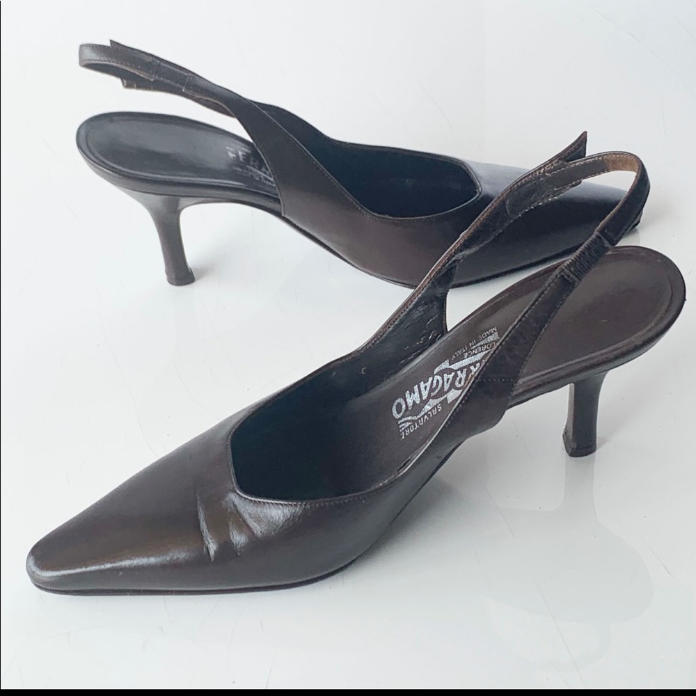 SALVATORE FERRAGAMO Slingback leather  Rhinestone Pin Detail - Picture 3 of 9